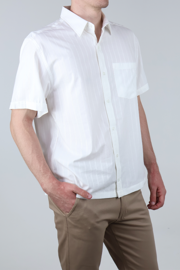 Camisa Blanca Moda Hombre Verano Manga Corta Con Rayas Y Bolsillo